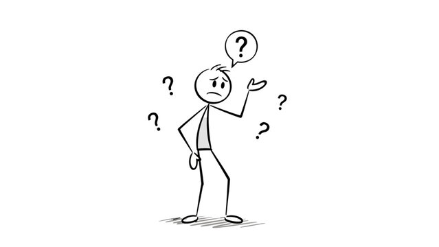 Confused stick figure with question marks above and around head, shrugging, representing uncertainty or dilemma, isolated white background.