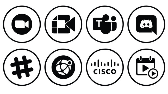 Video conferencing and collaboration app icons set, black and white UI interface symbols collection including Zoom, Google Meet, Microsoft Teams, Discord, Slack, Cisco Webex, and meeting schedule.