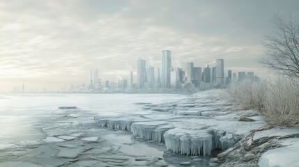 Fototapeta premium A panoramic view of a frozen city skyline, with icy water and frozen branches in the foreground.