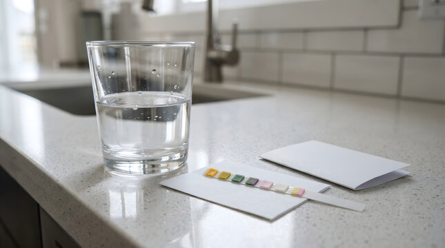 water quality test strips and glass of water on counter