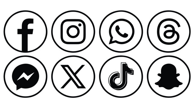 Popular social media icons 2024 black and white set. Facebook, Instagram, X, Threads, WhatsApp, TikTok, Messenger, and Snapchat logo collection. Web icons, UI UX interface elements, graphic symbols.