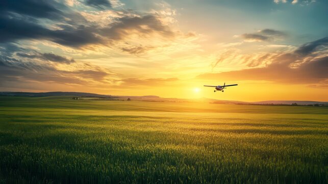 A small plane flies through a vibrant sunset over a green field.
