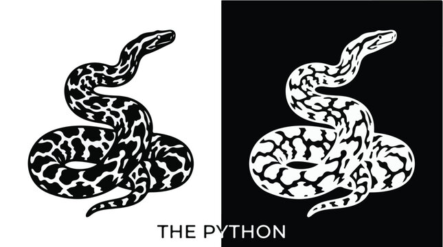 Black and white python snake illustrations on contrasting backgrounds
