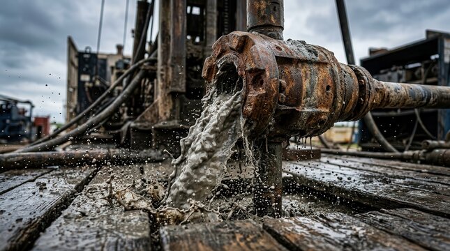 Deep well drilling process showing muddy water and slurry discharge from the drilling head.