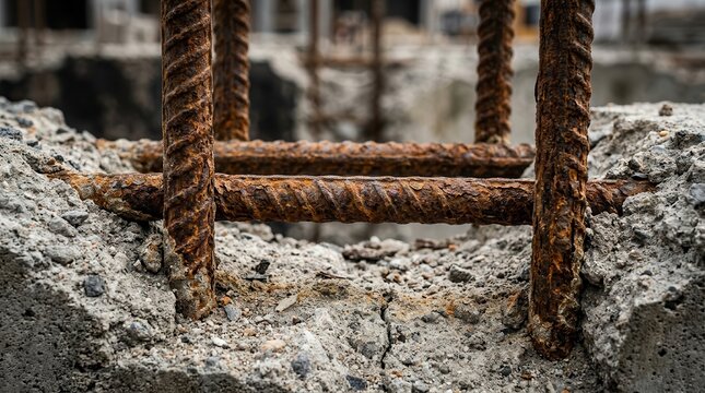 Close-up of rusted rebar embedded in concrete mortar for structural inspection.