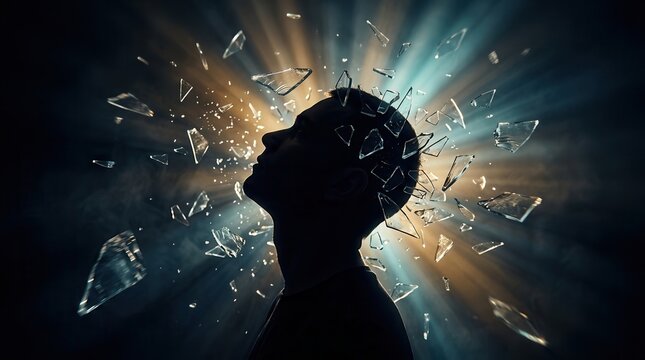 Silhouette of a person experiencing intense head pain and migraine amid shattered glass and light streaks.