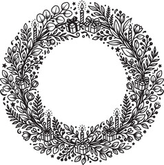 Obraz premium Decorative birthday circular frame with presents leaves candles flowers stars and party elements isolated on transparent background vector illustration set.