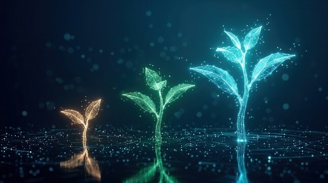 Three water-based plant sprouts at different growth stages symbolizing business transformation.