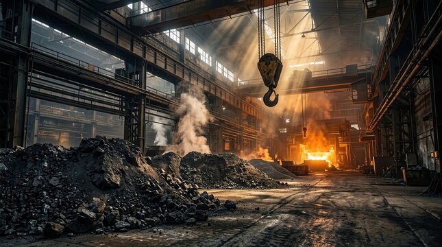 Industrial interior of an iron and steel factory with molten metal glow and slag pile.