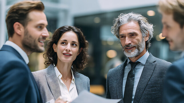 Business men and women wearing suit or formal outfit, discussing at their meeting with co-worker and client at the office in modern building