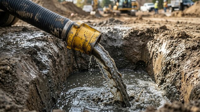 Worker pumping sewage from a septic tank using a vacuum pump and hose.