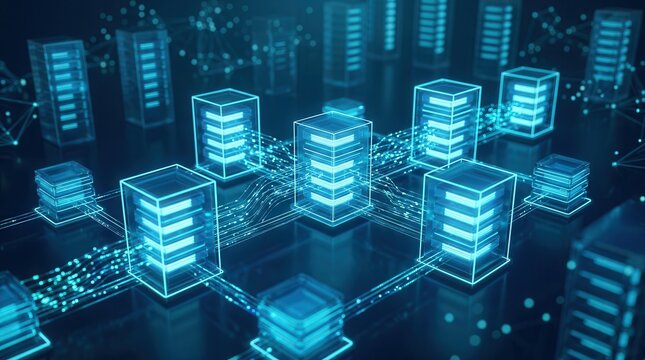 Glowing server stacks connected by digital links illustrating database migration and data flow.