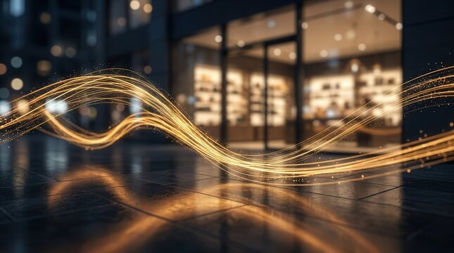 Abstract glowing light trails over a blurred retail storefront representing the customer lifecycle.