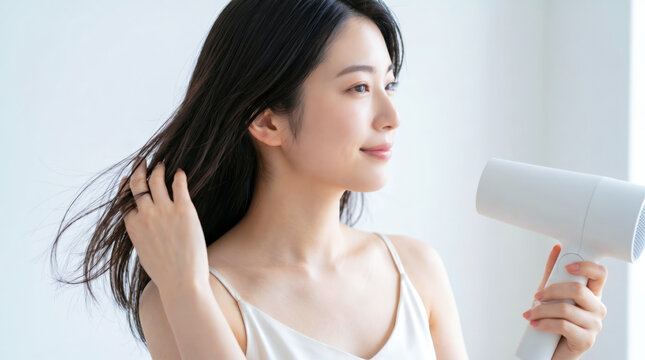 ドライヤーで髪を乾かす若い女性 ヘアケア