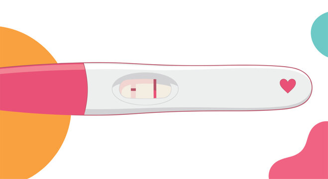 Positive pregnancy test showing two pink lines on a white and pink device over an abstract colorful background design.