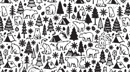 Winter forest, polar animals, seamless pattern, black and white, Christmas trees, snowflakes © Rosie
