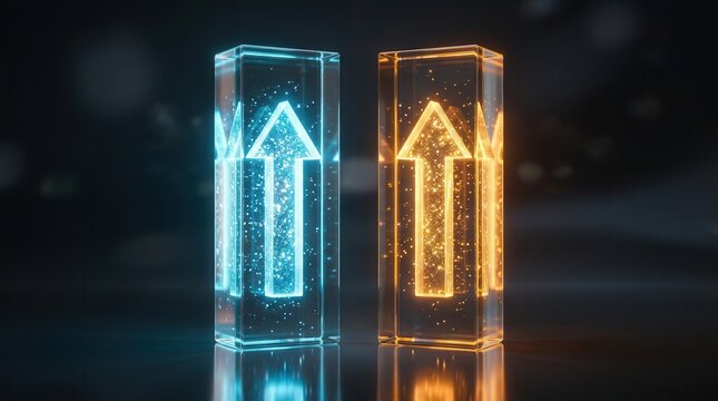 Two vertical glass columns with upward arrows representing A/B test variation and conversion rate optimization.