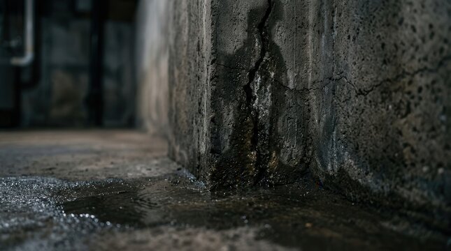 Concrete basement floor and wall corner with a visible crack and moisture staining.