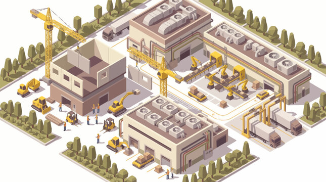 Industrial factory complex under construction with heavy machinery and cranes.