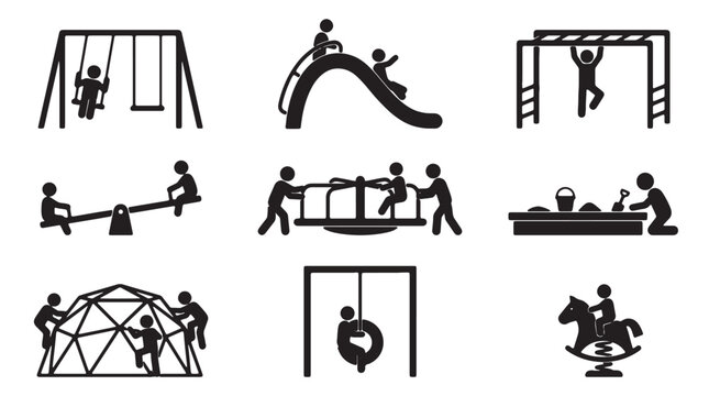 Playground icons, kids playground equipment, black silhouette symbols, vector graphics