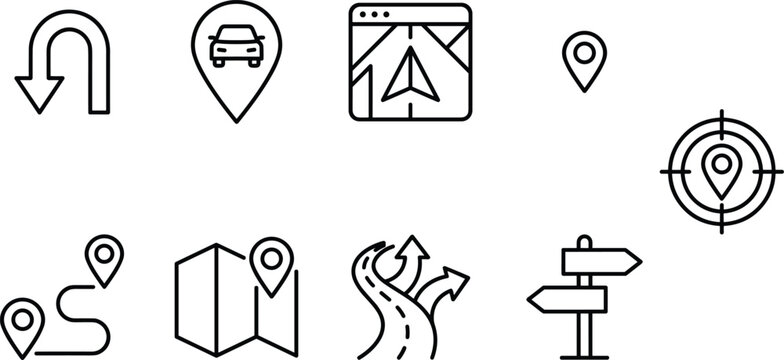 Navigation icons showing routes directions and location pins on a clean background for travel and logistics concepts