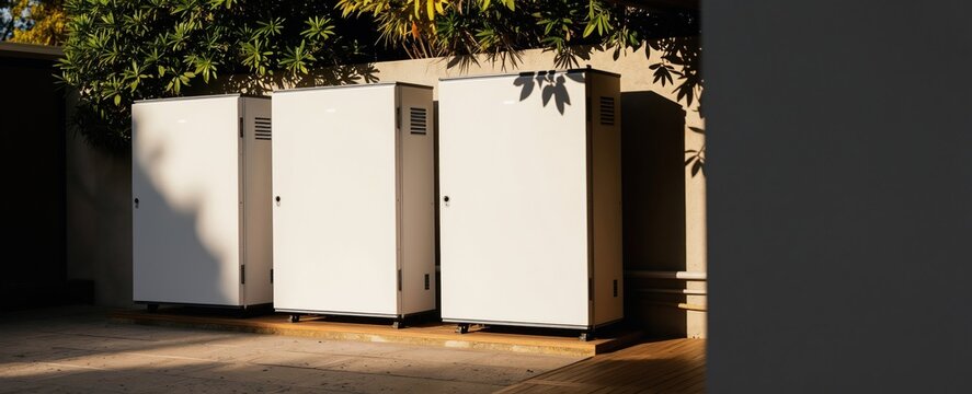 Three modern white solar energy storage units stand outside building. Batteries store power from solar panels for home use. Represent clean energy technology for sustainable living, grid independence.