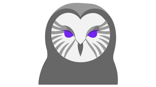 Stylized vector illustration of a Eurasian Pygmy Owl ead icon, featuring a minialist grey and white desig with striking purple eyes perfect for nature, wildlfe, and bird branding projcts.