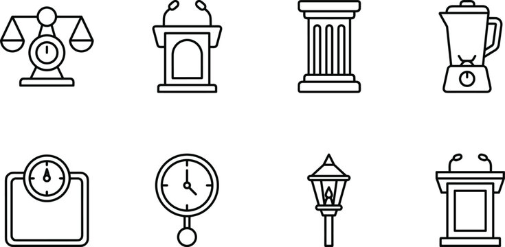 Judgement scales podium column blender scale clock lamp courthouse icons against white background vector illustration