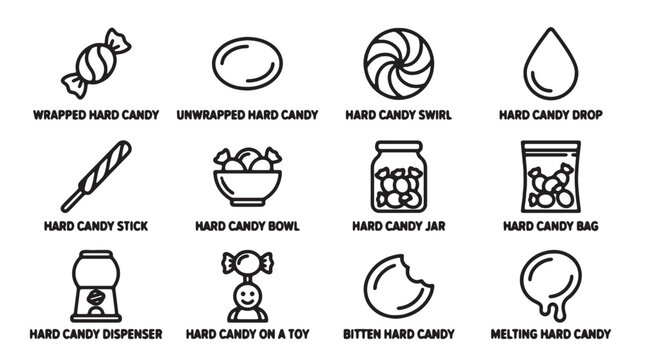 Hard Candy Icons, Black Line Illustrations, 13 Commercial Vector Graphics, Sugar Confectionery Symbols