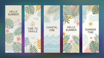 Set of five vertical summer travel banners with tropical leaves and beach themed illustrations in soft tones © PIXAVIVE
