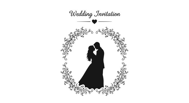 Elegant wedding invitation template with a silhouette of a couple in a floral wreath and a small heart at the top.