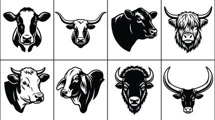 Collection of eight black and white cow and bull head in grid layout © Sifat