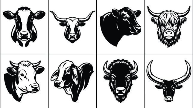 Collection of eight black and white cow and bull head in grid layout
