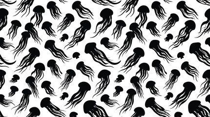 Seamless pattern of black jellyfish silhouettes floating on a white background, for marine life © Sifat