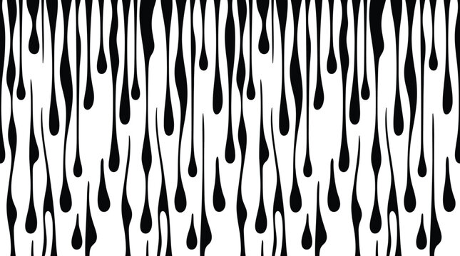 Seamless pattern of black dripping paint or ink drops falling downwards on a white background, for texture