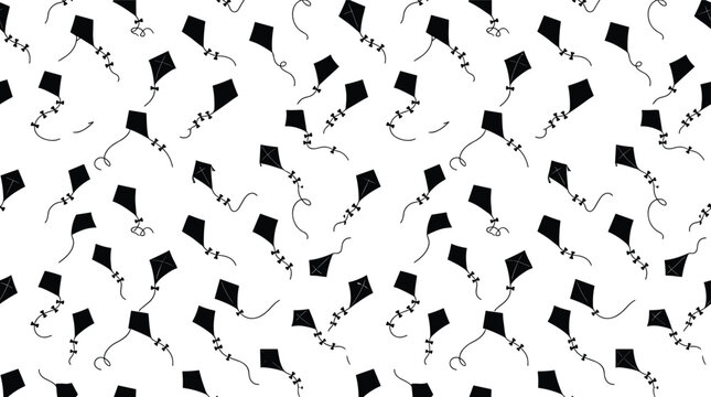 Seamless pattern of black kite silhouettes flying with strings on a white background, for childrens fabric, or wrapping paper