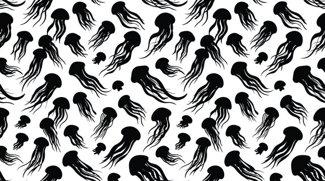 Seamless pattern of black jellyfish silhouettes floating on a white background, for marine life