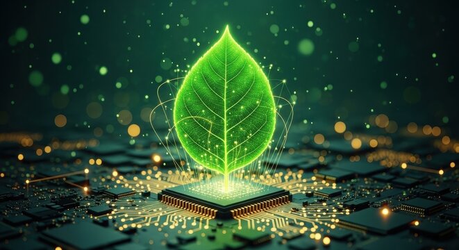A glowing green leaf integrated with a computer circuit board representing sustainable green technology