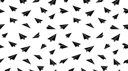 Seamless repeating pattern of small black paper airplane silhouettes scattered randomly across a plain white background, for travel themes © Sifat