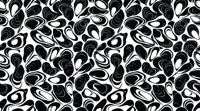 Seamless pattern featuring stylized black mussel shell shapes on a white background, for seafood or, nautical themed projects