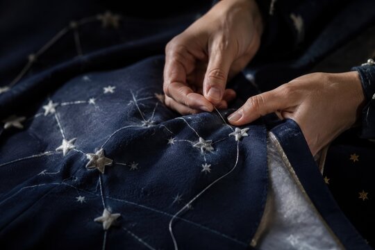 Hands carefully embroider silver stars and constellations onto a dark blue velvet cloth. The scene captures a moment of meticulous craftsmanship and creativity. Ideal for hobby or textile art.