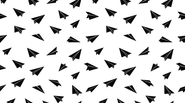 Seamless repeating pattern of small black paper airplane silhouettes scattered randomly across a plain white background, for travel themes