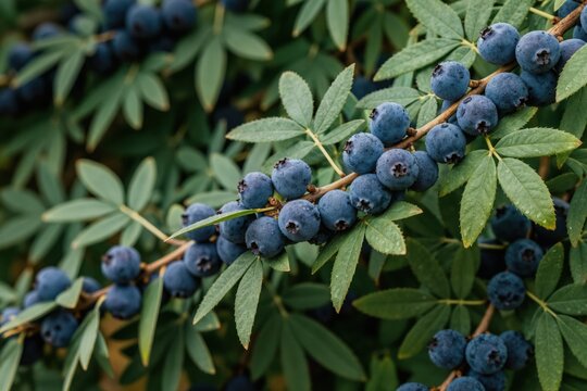 Blue ligustrum tree branch with ripe blue berries. Evergreen shrub with glossy leaves and organic fruit clusters. Fresh natural produce, healthy food ingredient in garden.