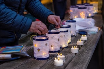 Fototapeta premium Hands lighting tea lights and arranging white paper lanterns with star patterns on a wooden table. Warm glow creates a festive atmosphere during an evening event. Ideal for festival content.