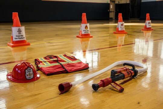 Firefighter helmet, vest, and hose laid out on a gym floor with safety cones. This setup promotes fire safety awareness and education for children. Ideal for school or community programs.