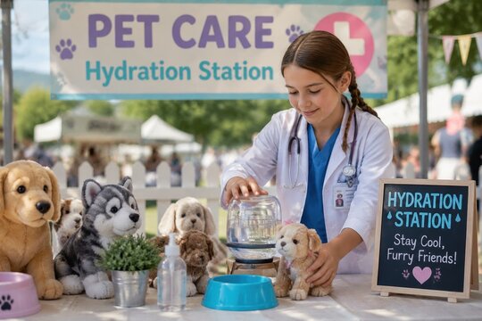 Young girl dressed as a vet cares for toy dogs at a hydration station. Educational play scene promotes animal welfare and empathy. Perfect for childhood development or pet care themes.