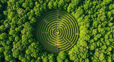Stunning aerial view of a green hedge maze nested within a lush forest © SadiyaAnjum