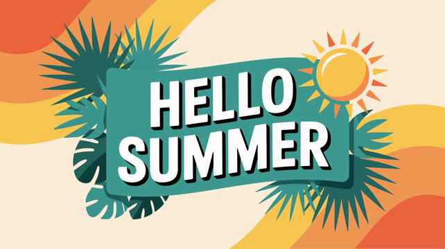 summer greeting card with palm leaves and sun illustration