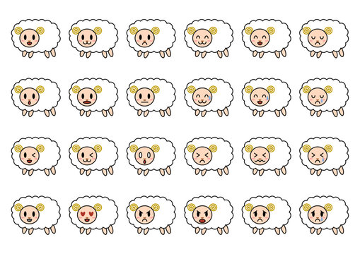 いろいろな表情の羊のアイコンセット(黒フチ)