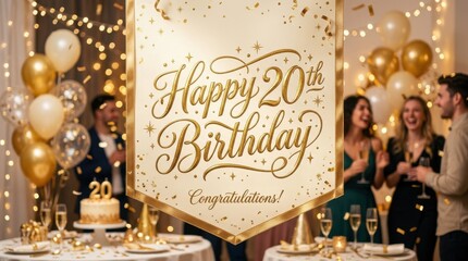 Fototapeta premium Festive happy 20th birthday golden script for party celebration greeting. Elegant calligraphy design for anniversary banner and